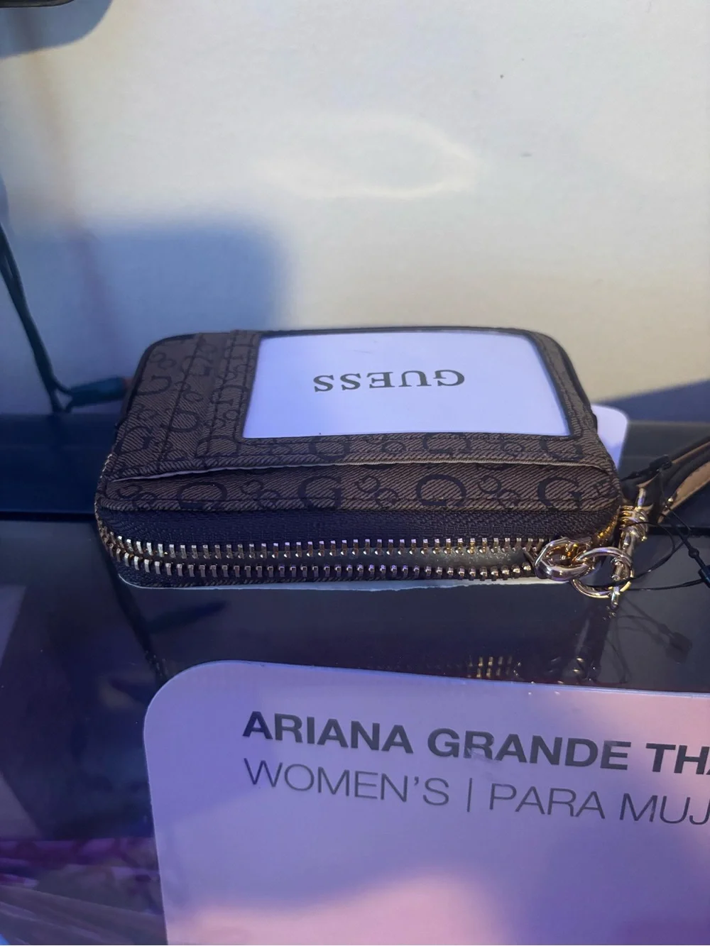 Guess Brown Monogram Wristlet with White Accent and Gold Logo